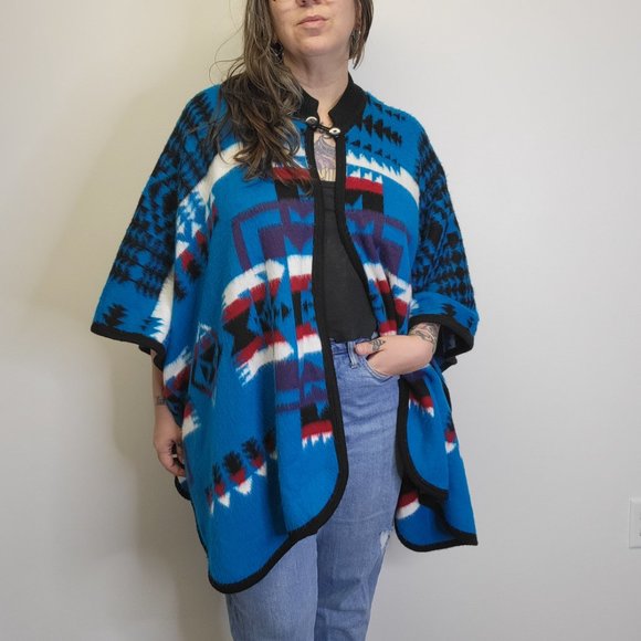 Made in Ecuador Southwestern Blanket Poncho Chief Joseph Super Soft Teal Blue - Picture 3 of 10